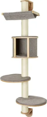 A multi-level cat tree with scratching posts and platforms, shown against a white background.