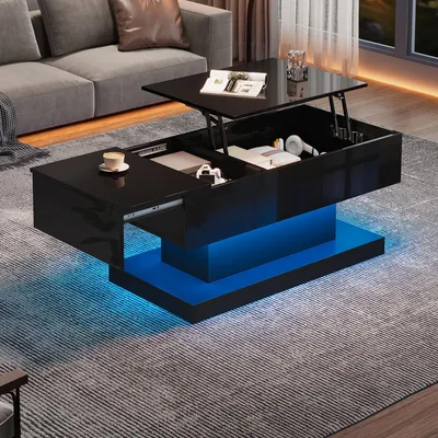 A modern living room with a black lift-top coffee table with blue LED lighting.
