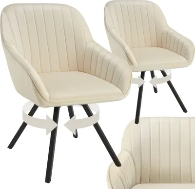 A studio shot of two cream-colored swivel armchairs with black legs, with arrows indicating rotation.