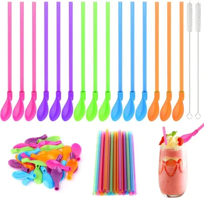 Image de Pailles avec cuillère 2 en 1 pour boissons glacées - Lot de 25 - Paille-cuillère - Pailles réutilisables avec 2 brosses de nettoyage