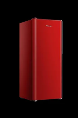 A red Hisense refrigerator is shown against a black background.