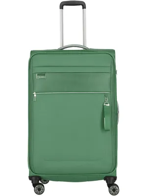 A green trolley suitcase on a white background.