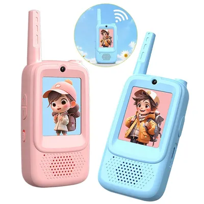 Two children's walkie-talkies, one pink and one blue, displayed with cartoon characters on their screens. A circular inset shows a smaller image of a blue walkie-talkie with a Wi-Fi symbol.