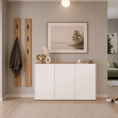 Produktbild von Garderobenset 3-teilig mit Schuhschrank & 2 Garderobenpaneelen in Beige mit Eiche - LAPUA-01
