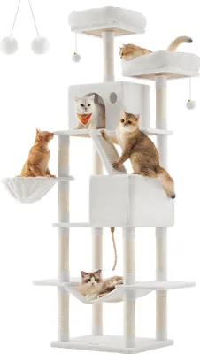 A multi-level cat tree with several cats on different platforms and in a hammock.