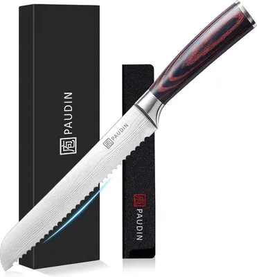 Image de PAUDIN N4 Couteau à Pain Dentelé – Lame 20 cm – Couteau de type japonais – Motif Damas – Avec Protège-Lame – Couteau de Cuisine