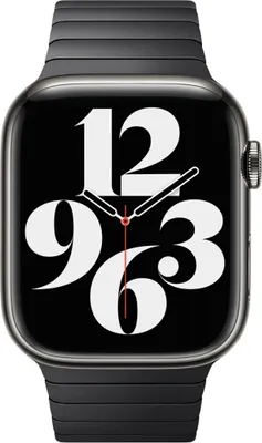 A close-up of an Apple Watch with a black band and a black watch face displaying large white numbers and clock hands.