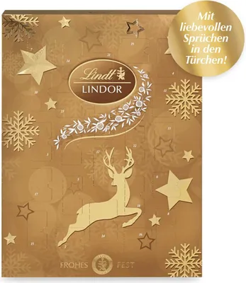 A golden advent calendar with a deer illustration and snowflakes, featuring Lindt branding.