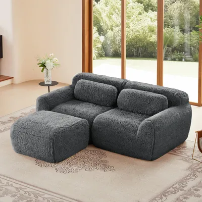 Produktbild von L-förmiges 2-Sitzer Sofa, mit Kissen, Weicher Plüschstoff, Modular, Frei Kombinierbar,  Hochelastischer Schaumstoff, Keine Montage Erforderlich, Grau