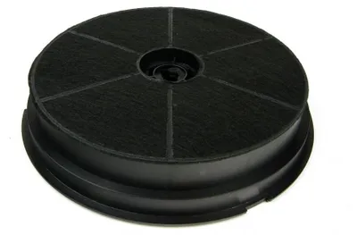 A round black activated carbon filter for a kitchen hood, shown from a slightly elevated angle against a white background.