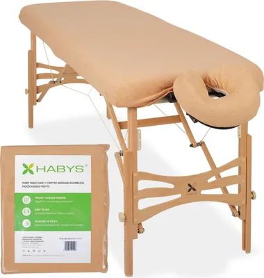 Obrázek produktu pro Sada Habys | Jednodílné froté napínací prostěradlo pro skládací masážní lehátka Masážní stoly 70-75/180-185 | + Froté potah pro opěrku hlavy | Béžová