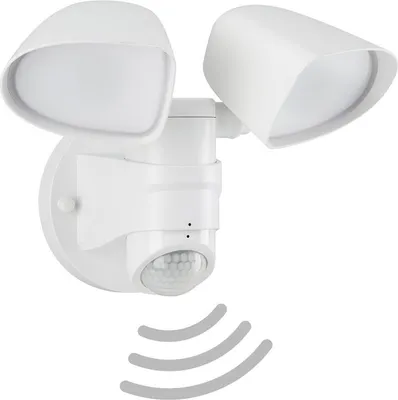 A white LED outdoor light with a motion sensor.