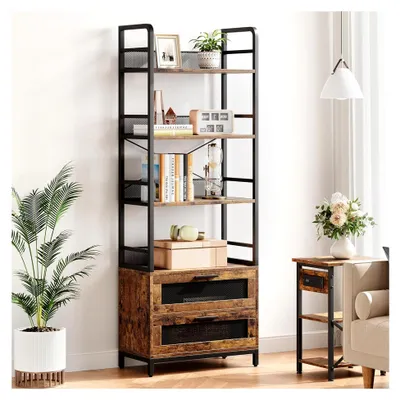 Produktbild von Bücherregal mit 4 Ablagen und 2 Schubladen, 4 Ebenen Standregal mit Metallrahmen für Zuhause, Büro, Wohnzimmer, Schlafzimmer, 80x30x180cm