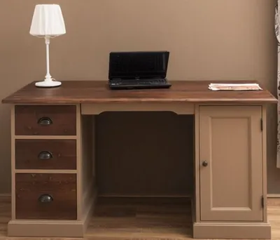 Produktbild von Casa Padrino Landhausstil Massivholz Schreibtisch mit Tür und 3 Schubladen Beige / Dunkelbraun 152 x 70 x H. 78 cm - Büromöbel im Landhausstil