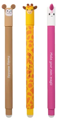 Produktbild von EBERHARD FABER 599039 - Tintenroller radierbar, 3 Animal Erase it Stifte, Affe, Giraffe, Einhorn, Gelschreiber blau 0,7 mm