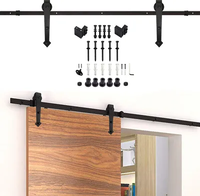 Image de Jiubiaz Système de porte coulissante Ferrure de porte coulissante Kit 150kg Galet de guidage au sol Guidage de porte Kit de montage Rail de roulement Porte en verre/en bois Porte coulissante 183cm