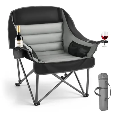 Produktbild von VEVOR Campingstuhl (Übergroß) Faltstuhl 204 kg Belastbar, Anglerstuhl mit zwei Getränke- und Weinglashaltern, Klappstuhl für Outdoor-Aktivitäten Angeln Grillen, Schwarz & Grau, 1 Stk.