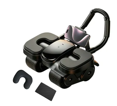 Produktbild von 4-rädriger automatischer Rückfederung Bauchtrainer mit Kniematte,Ab Roller Wheel,Bauchtrainer elektrisch mit Ellbogenstütze und Handyhalter,Schwarz