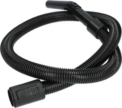 A black vacuum cleaner hose with a curved handle and a connector at the other end, laid out on a white background.