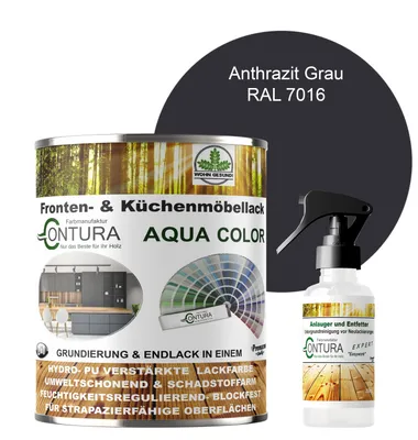 A can of paint and a spray bottle are shown, with a dark gray circle in the background displaying the color name and RAL code.