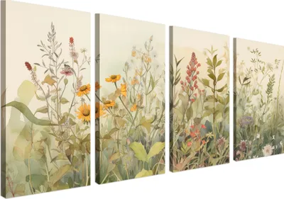 Produktbild von Wandbild Wanddeko Wiese auf Leinwand - ökologische Tinte, Wasserfest - 4 Teilig 60x120 cm Leinwandbilder für wohnzimmer, schlafzimmer