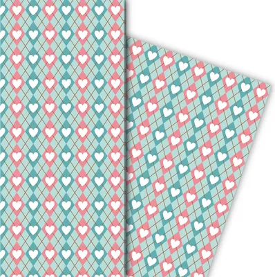 Produktbild von Rauten Geschenkpapier mit Herzen auf blau - G7665, 32 x 48cm