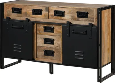 Image de MASSIVMOEBEL24 | Buffet en bois de manguier 150x45x90 laqué naturel clair / Métal noir BLACKBURN #110