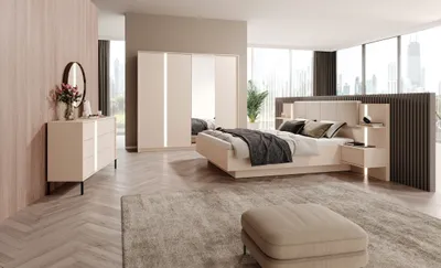 Produktbild von Design Möbel - DAST Schlafzimmer-Set 3-teilig - Bett mit zwei Nachttischen, großer Kleiderschrank mit Spiegel, Kommode - Beige