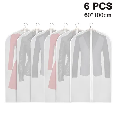A set of six garment bags containing clothes.