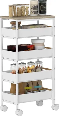 Produktbild von 5-stufiger Küchenwagen, Holzoptik, rollbar, Metallrahmen, 4 Schubladen, Weiß