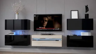 Produktbild von Furnitech Wohnwand Wohnzimmer - Wohnzimmer Möbel mit LED RGB - 16 Farben - Hängend Wohnwand Modern - Regale und TV Schrank (Patty EX2-20BS-HGM7)