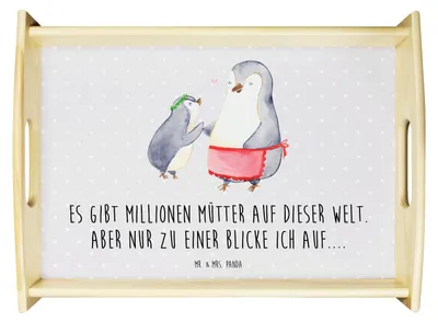 Produktbild von Mr. & Mrs. Panda tablett für bett Pinguin mit Kind - Grau Pastell - Geschenk, Pinguine, aus holz, Muttertag, Serviertablett, Deko, Mutter, Servier, Vorbild Mama