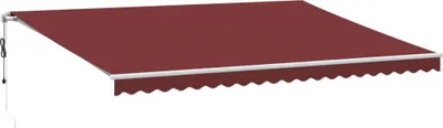 A burgundy awning is extended on a white background.