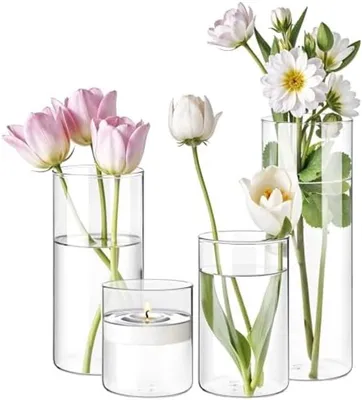 Produktbild von PromoHome® Set von 4 transparenten Glas-Zylindervasen für Tischdekoration – für Hochzeiten, Partys und Hausdekoration