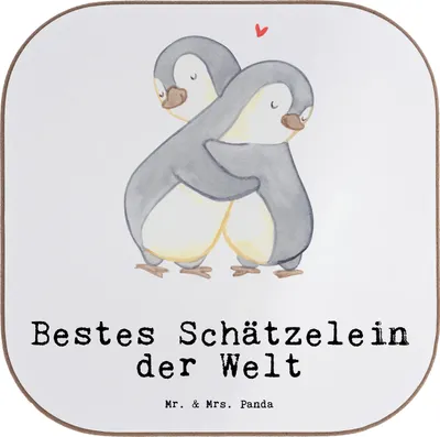Produktbild von Mr. & Mrs. Panda Tassen Untersetzer Pinguin Bestes Schätzelein der Welt - Weiß - Geschenk, Freundin, Hochzeitstag, Tischuntersetzer, Getränkeuntersetzer, Coaster, Glas