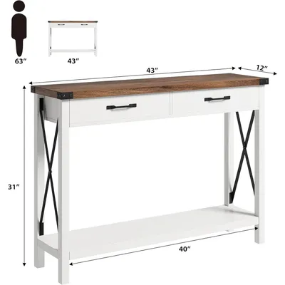 Immagine prodotto di Tavolino consolle – Tavolino stretto per l'ingresso – Larghezza 109 cm – 2 cassetti – Ripiano aperto – Materiale: legno – Colore: bianco/marrone