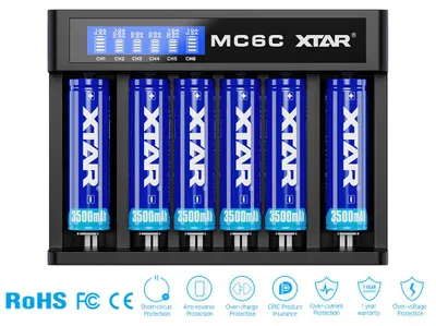 Immagine prodotto di Caricabatterie Xtar MC6C 18650 Smart Li-ion a 6 slot, caricabatterie USB per 18650, 20700, 21700, 22650, 25500, 26650, 26650 Flat e 32650