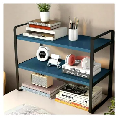 Produktbild von Schreibtisch Organizer Regal, Büro Aufbewahrungsregal, Holz Bücherregal (Schwarz + Blau)