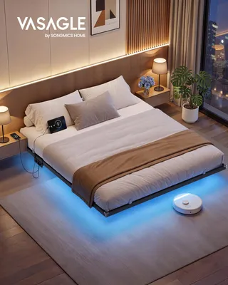 Obrázek produktu pro Postel VASAGLE 180 x 200 cm s LED osvětlením, portem USB-C, zásuvkovou lištou, do ložnice, nosnost až 500 kg, černá