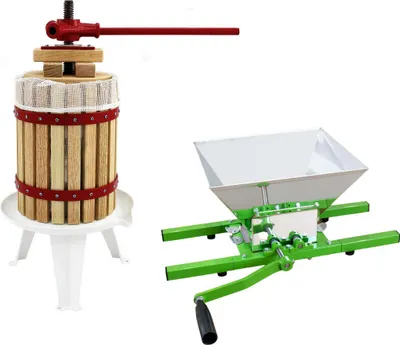 Image de Kit KuKoo comprenant une presse à fruits de 7 litres et une presse à jus de 18 litres, idéal pour la fabrication de jus, de moût, de cidre et de vin