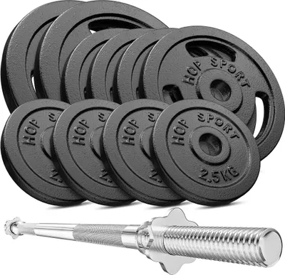 Produktbild von Hop-Sport 59kg Gusseisen Hantel-Set Langhantel Set  Langhantelstange 30mm, 1x Langhantel 167cm, Gewichte: 2x10kg, 4x5kg, 4x2,5kg