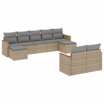 Produktbild von vidaXL 9-tlg. Garten-Sofagarnitur mit Kissen Beige Poly Rattan