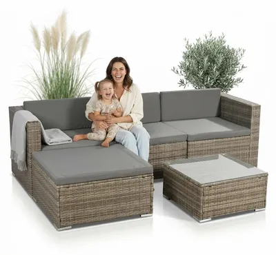 Obrázek produktu pro Mucola zahradní nábytek 5ks zahradní lounge sedací souprava zahradní souprava otoman polyratan černá sedací souprava jídelní souprava balkonová - šedá