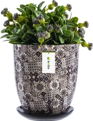 Produktbild von Blumentopf Rund Lange Keramik Ø 12 cm H 13 cm Braun Mosaik mit Rund Standfuß glänzendem modernem Finish handbemalt einzigartiges Muster, Sukkulenten Geranien Grünpflanzen