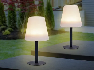 Produktbild von Outdoor Solar LED Tischleuchten 2er SET Schwarz Weiß mit USB Anschluß