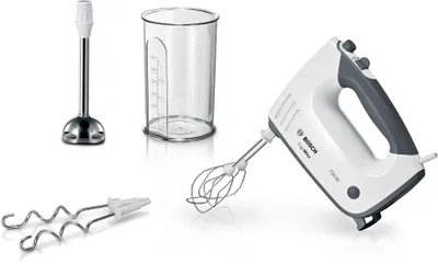 A Bosch hand mixer and its accessories are displayed against a white background.