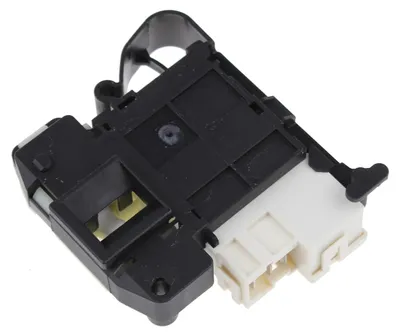 A close-up studio shot of a washing machine door lock mechanism.