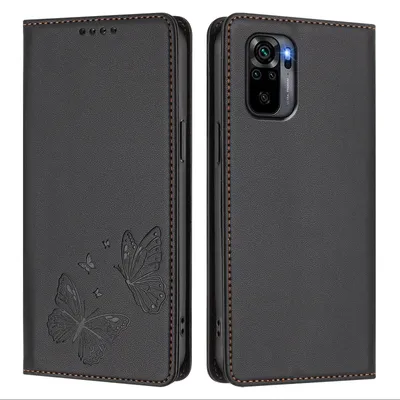 Produktbild von Lederhülle für Xiaomi Redmi Note 10S/Note 10 4G, Schmetterling Prägung Leder Brieftasche Schutzhülle mit Ständer Schwarz