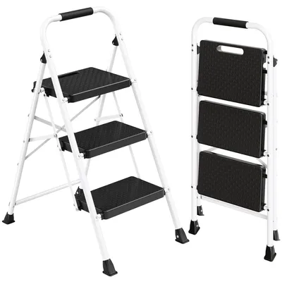 Produktbild von SONGMICS Trittleiter klappbar, 3-stufige Klappleiter aus Stahl, belastbar bis 150 kg, für Haushalt und Garten, weiß