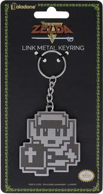 A product shot of a Legend of Zelda Link metal keyring on its packaging.